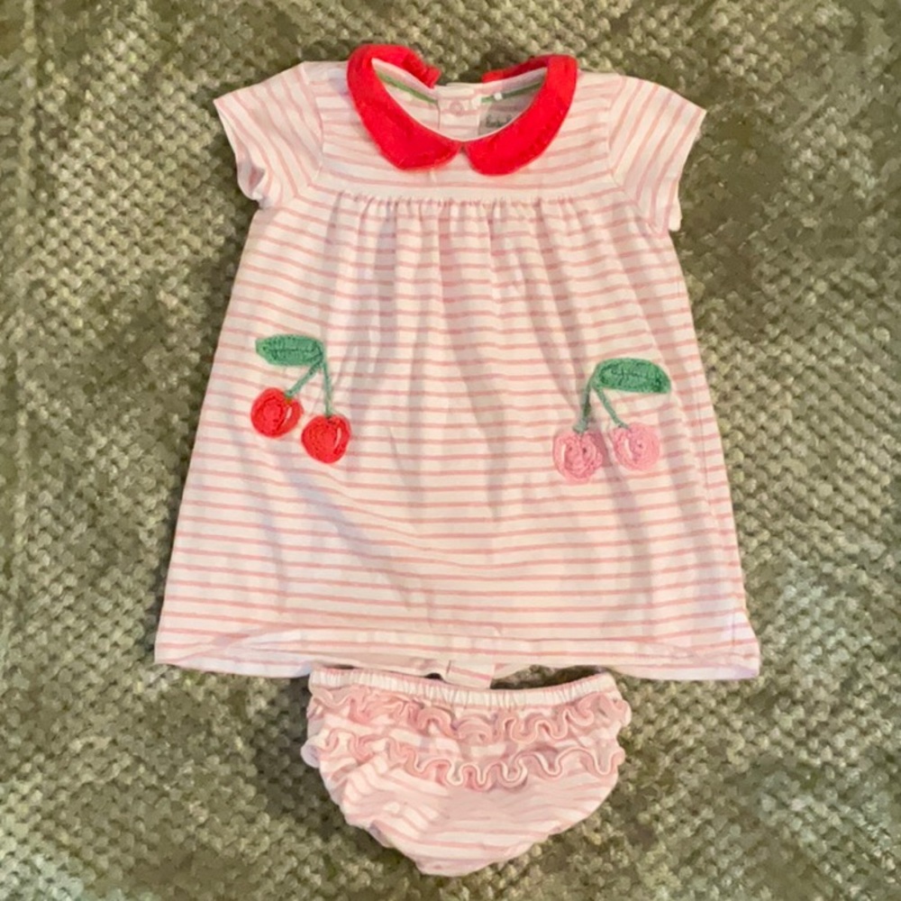 Baby Boden cherry dress with bloomers, 6-9 months